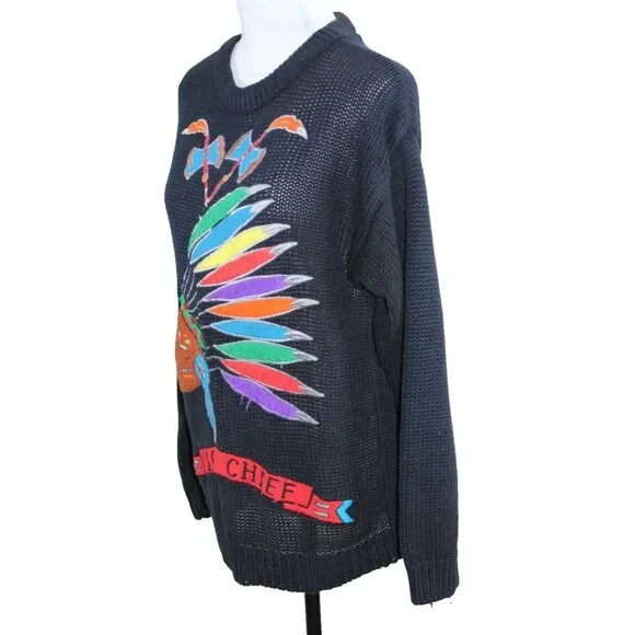 Vintage Native American Big Chief Head Crewneck Sweater Size M Chunky Knit Patch - Picture 4 of 7